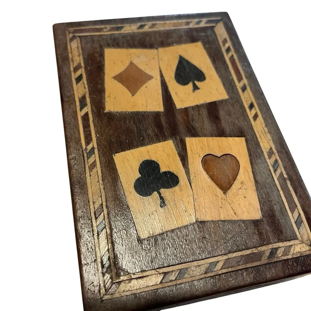 Marquetry Playing Cards Box Two Decks of Cards Aces Rustic Repair Vintage Gamble
